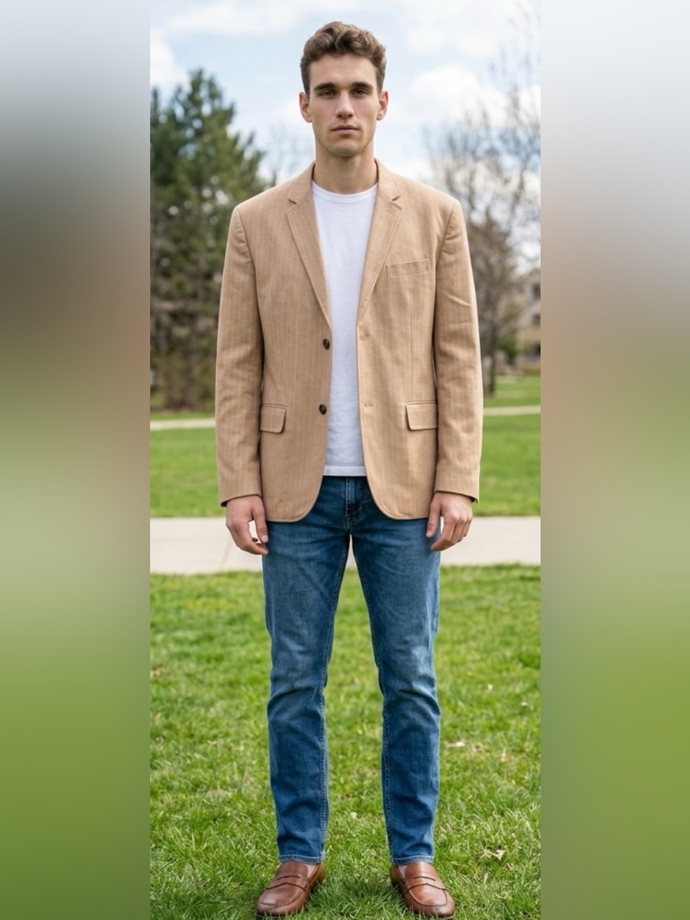 Jachs NY Jones Herringbone Tan Pinstripe Men's Cotton Stretch Blazer